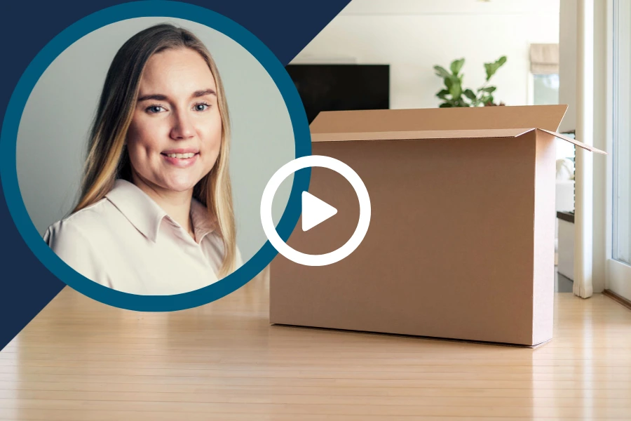 Headshot of a woman and a paper packaging box.